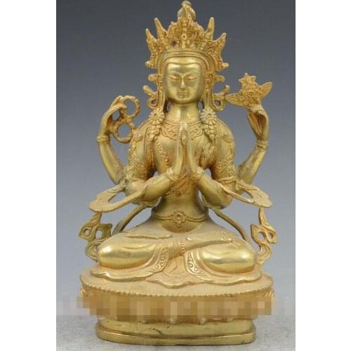 Zhmui88002841292++Chinese yellow bronze four arm guanyin white tara Buddha