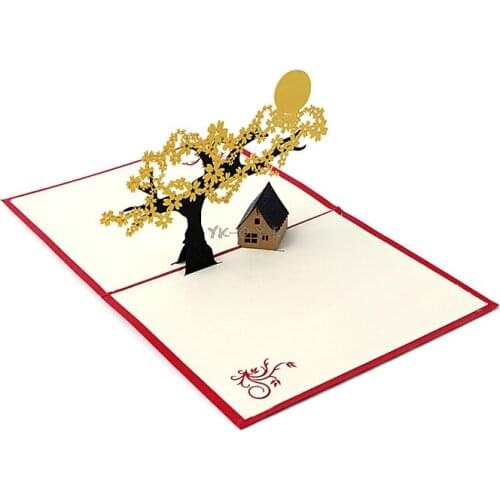 3D Pop UP Holiday Greeting Cards Cherry Tree House Christmas Thanksgiving Gift
