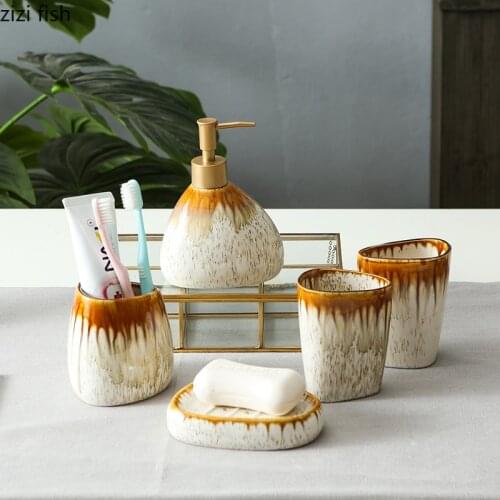 Painted Bathroom Accessories Portable Soap Dispenser Vintage Texture Mouth Cup Toothbrush Holder 5 Pcs/set Ceramic Bath Supplies