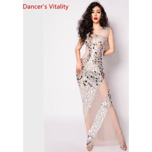 Glittering silver mirror rhinestone transparent long dress women birthday celebration dress dancer party performance dress