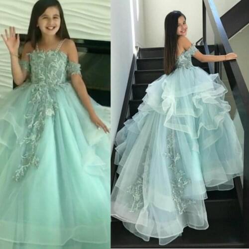 Lovely Flower Girls Dresses Spaghetti Straps Lace Applique Kids Formal Wear Custom Made Floor Length Birthday Girls Pageant Gown