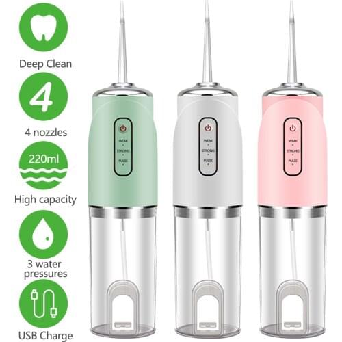 Portable Water Flosser Electric Rechargeable Oral Irrigator Waterproof Tooth Cleaner with 220ml Water Tank 4 Nozzles 3 Modes