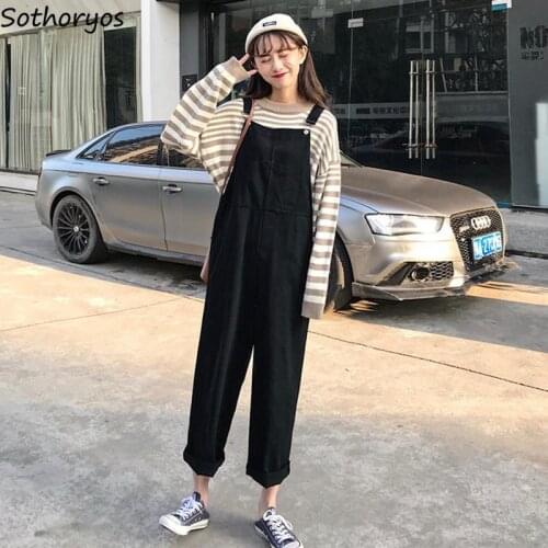 Jumpsuits Women Autumn Casual Long Length Straight Solid Loose Trousers Korean Style Ulzzang All Match Female Student Bodysuits