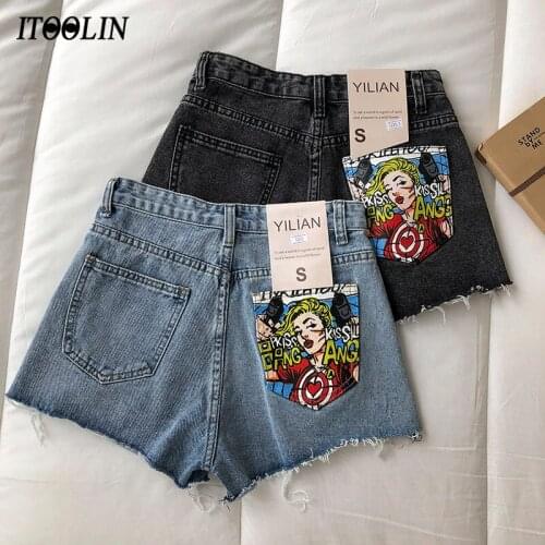ITOOLIN Summer Vintage Denim Shorts Woman Cartoon Graphic High Waist Wide Leg Jeans Hole Tassel Streetwear Femme