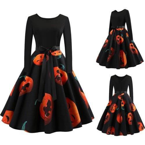 Fashion Printed Dress Women Big Swing Dance Party Christmas Long Sleeve O Neck Autumn Tunic Dresses Size M-2XL