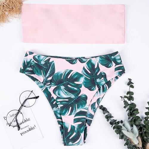 2020 new sexy swimsuit leaf print, strapless one-neck Bikini double-sided, high waist sexy split swimsuit two piece bathing