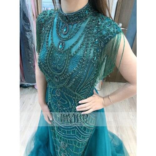 New Design Sparkling Emerald Green Evening Gown Occasion High Neck Luxury Crystal Handmade Tulle Overlay Dinner Dress For Women