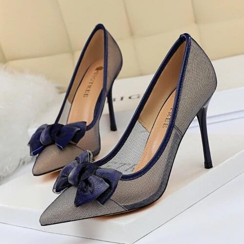 New Women Pumps Bowknot High-heeled Shoes Thin High Heel Shoes Hollow Pointed Stiletto Elegant Mesh Hollow Womens Shoes 1853-3