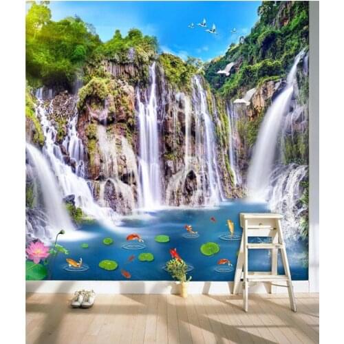 Custom photo mural 3d wallpaper Mountain waterfalls carp decoration painting 3d wall murals wallpaper for living room walls 3 d