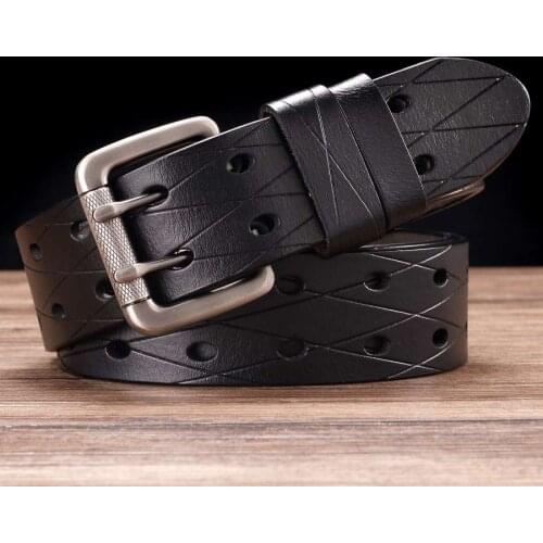 Mens Leather Double Prong Belt Classic Double Row Hole Belt Universal Hollowed Out Belt Jeans Men Waistband NEW Belts for Men