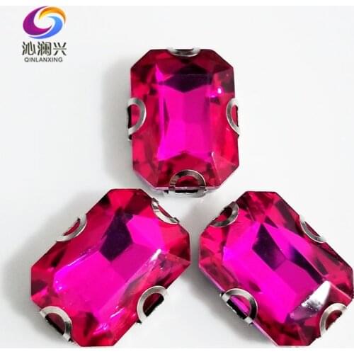Rose red Rectangle octagonal shape Glass Crystal sew on Anti hook D shape claw rhinestones,Diy Clothing accessories SWCD08