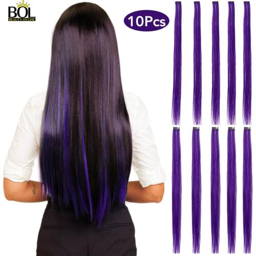 Colored 24" Long Straight Synthetic Hair Extensions Clip In One Piece Strips Hairpiece For Women Girls 10 Pieces/Set
