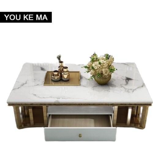 Customized marble coffee table TV cabinet combination post-modern room light luxury stainless steel rectangular tea table bench