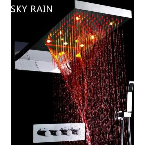 SKY RAIN Wall Mounted Rainfall Shower Head 22 Inches LED Shower Set Waterfall Shower Thermostatic Mixer