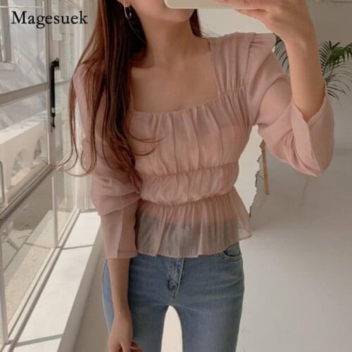 Vintage Square Collar Mesh Blouse Women Solid Slim Fit Wild Tops Shirt Spring Autumn 2021 New Pullover Long Sleeve Blusas 15484