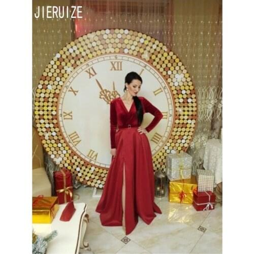 JIERUIZE Vintage Prom Dresses V Neck Long Sleeve Zipper Back High Slit Velour Formal Party Dresses Evening Gowns Robe De Soiree