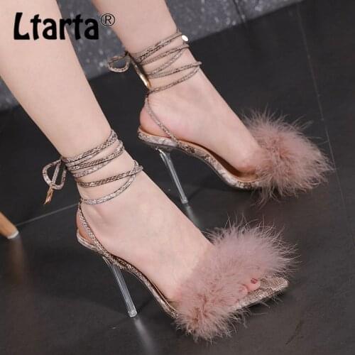 LTARTA 2021 Summer Sexy One-word Plush Cross Strap Womens Shoes Crystal Fine Super High Heel Sandals Large Size 41 LXM