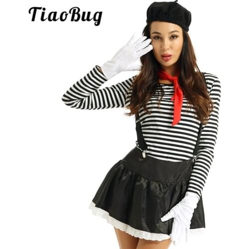 Women Adult Mime Costume Striped Tops Skirt with Beret Scarf Suspender and Gloves French Artist Clown Circus Roleplay Outfits