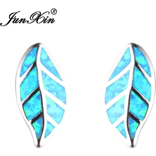 JUNXIN Leaf Design Blue Fire Opal Earring Female Stud Earrings Silver Color Double Sided Earrings For Women