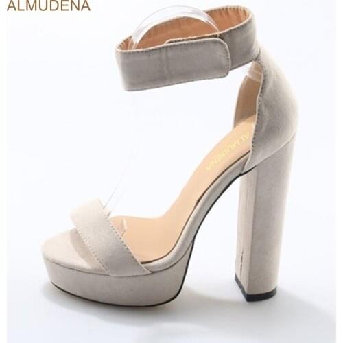 ALMUDENA Women Hot Selling Beige Suede Sandals Chunky High Heel Platform Shoes Single Strap Concise Gladiator Hook&loop Sandals