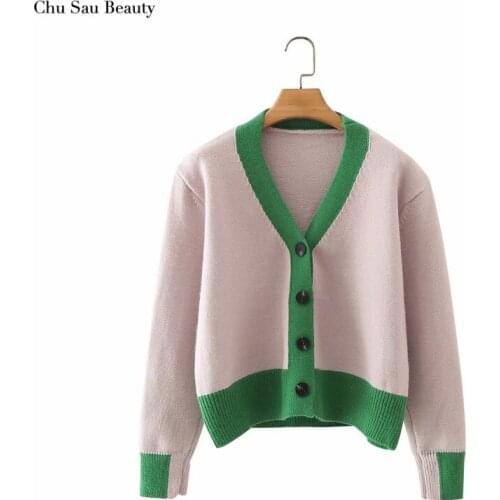 Chu Sau Beauty 2021 Autumn Womens Color Block Knit Cardigan Long Sleeve V-Neck Single-Breasted Top Retro Fashion College Style