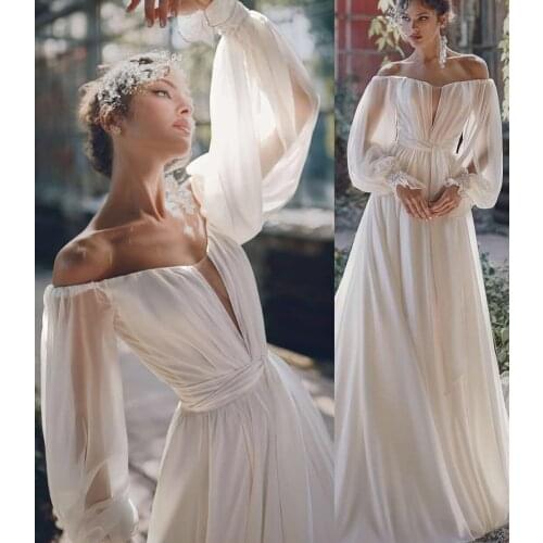 Elegant Long Boat Neck Wedding Dresses with Sleeve Ivory Zipper Back Chiffon Robes De Mariée Bridal Gown For Women