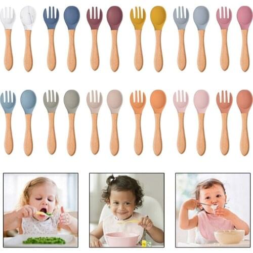 P31B 2Pcs Silicone Tips Baby Feeding Training Spoon and Fork Set with Wooden Handle Toddlers Infant Eat Independent Accessory