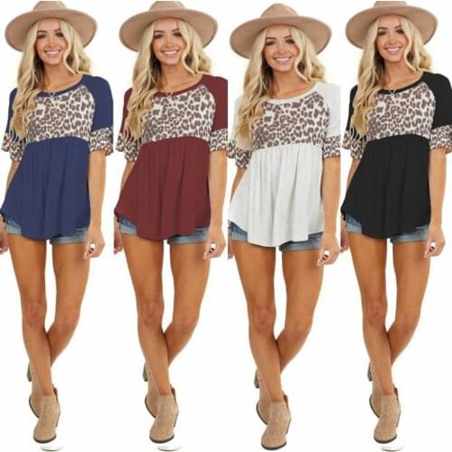 2021 new round neck stitching leopard print lotus leaf sleeve short sleeve top T-shirt