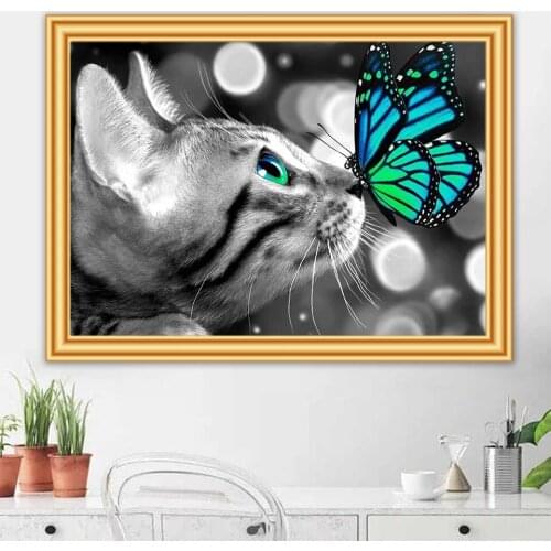 5D Diy Diamond Embroidery Mosaic Paintings Full Square Round Rhinestone Cat Butterfly Picture Wall Art Home Bedroom Decoration
