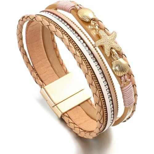 Amorcome Womens Ethnic Starfish Sea Shell Braided Rope Bracelet Multi-strand Leather Wrap Bracelet With Magnetic Clasp Pulsera