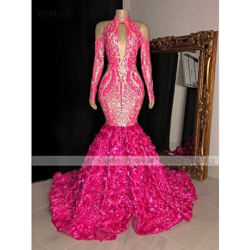 Sparkly Sequin Evening Dresses 2021 Mermaid High Neck Long Sleeves Pink 3D Flowers Train African Girls Women Formal Prom Gowns