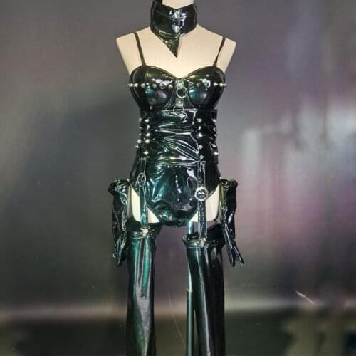 Black Punk suit patent leather stage Costume Nightclub Bar Ds Dj Female Singer Dance Performance show wear