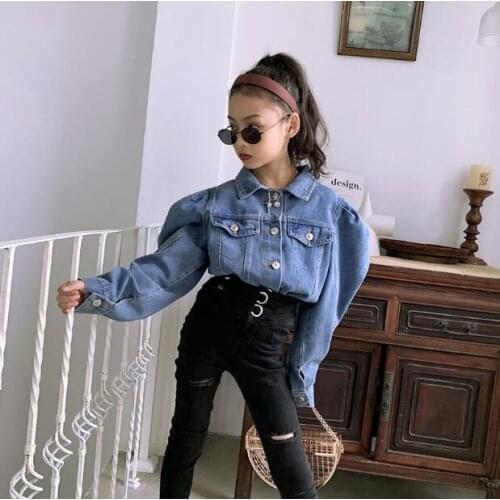 2020 Korean style girls denim coat puff sleeve autumn girls coat 3-9t F600