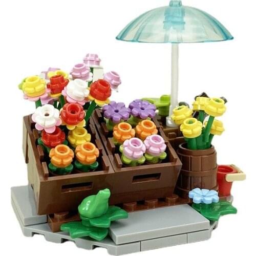 MOC Retro Flower Shop Selling Flower Stalls Scene Building Blocks Assembling Bricks DIY Toys Accessories Compatible Kids Gift