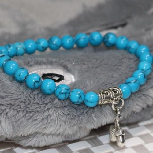 6mm round beads blue calaite turquoises stone bracelet Tibet silver-color strawberry pendant lovely jewelry making 7.5inch B2121