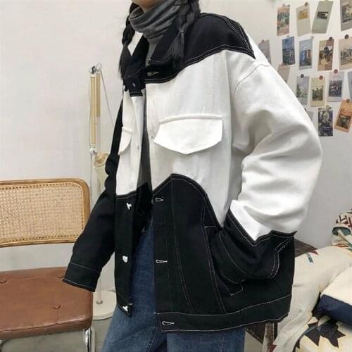 Hip-hop streetwear Korean Gothic black white stitching denim jacket female vintage loose long-sleeved coat Harajuku punk outwear