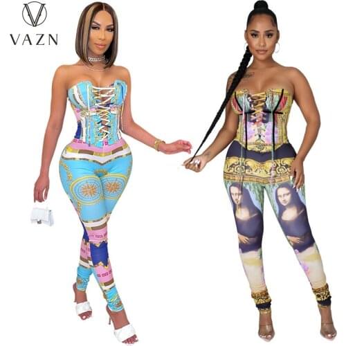 VAZN 2021 INS Summer Wind Print Sleeveless Bandage Bodycon Top Sexy Club Long Pant Skinny Women 2 Piece Set