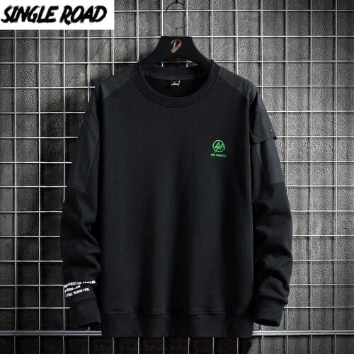 Single Road Mens Crewneck Sweatshirt Men 2021 Patchwork Solid Harajuku Sweatshirts Streetwear Casual Black Oversized Hoodie Men