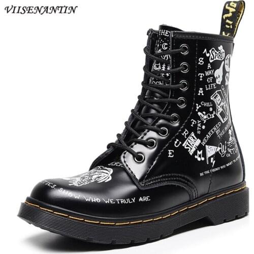 Cross-lace Personality Skull High-top Martin Boots for Men and Women Graffiti Leather Round Toe Thick-soled Motorcycle Boots