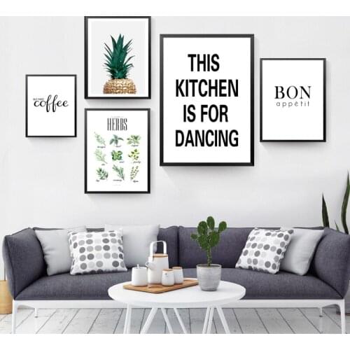 Kitchen Wall Decor Pineapple Herbs Plants Canvas Prints Poster Coffee Quote Wall Art Pictures Cafe Shop Art Wall Painting HD2862