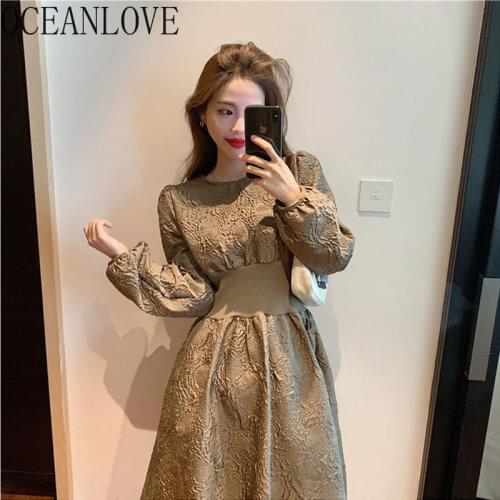 OCEANLOVE Solid Autumn Long Dress Women Puff Sleeve A-line High Waist Elegant Vintage Korean Chic Robe Femme 2021 Vestidos