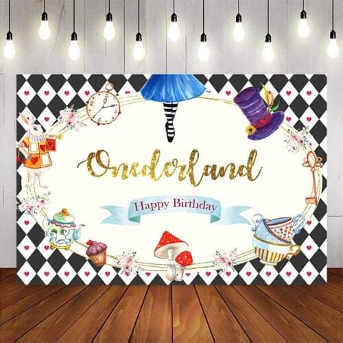 Onderland happy birthday backdrop alice tea birthday party decoration Red and white grid 1st birthday party supplies photocall
