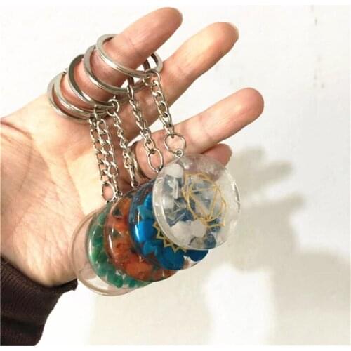 Reiki Natural Stone Chipped Gravel Chakra Hand Orgone Pendant Keychains Ethnic Healing Crystal Resin Key Holder Accessories