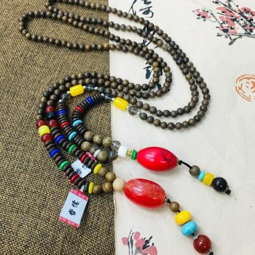 Zheru natural cinnabar carved red good luck bead pendant with three-color bead necklace fine men and women sweater chain