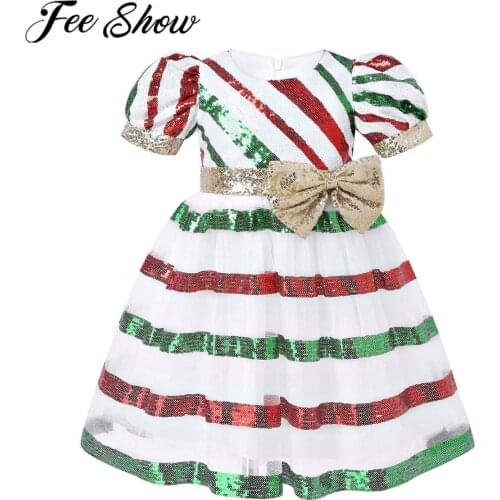 Girls Cosplay Christmas Dresses Kids Costume Short Puff Sleeve Bowknot Stripes Sequined Princess Girl Mesh Tutu Party Dress