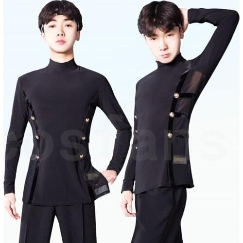 Latin Dance Shirts Men Black Long Sleeve High Collar Competition Performance Top Male Cha Cha Rumba Tango Samba Clothes in stock