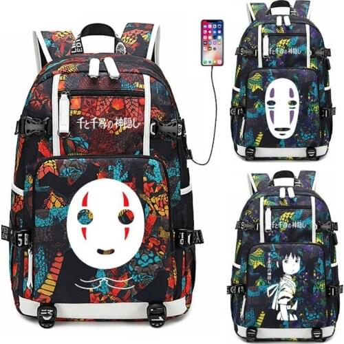 Cartoon Spirited Away No Face Man Backpack USB Port Rucksack Bag Luminous Snake Pattern Student Teenagers School Bag Laptop Bag