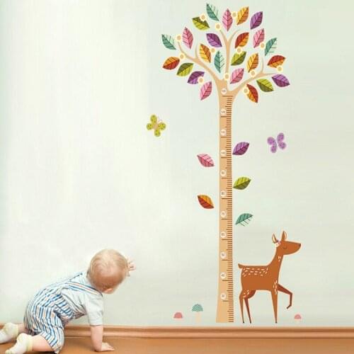 Happy Deer Colourful Tree Height Measure Wall Stickers For Kids Bedroom Home Decoration Wild Animals Wall Mural Art Pvc Decals