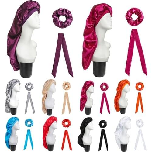3Pcs Women Elastic Bonnet Hair Styling Cap Solid Satin Cap Long Hair Care Headscarf Night Sleep Hat Set