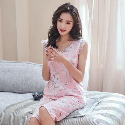 Vest Pajama Spring Summer V-neck 100% Cotton Pajamas Womens Sleeveless Tracksuit Sweet Elegant Floral Shirt Home Service M-3XL